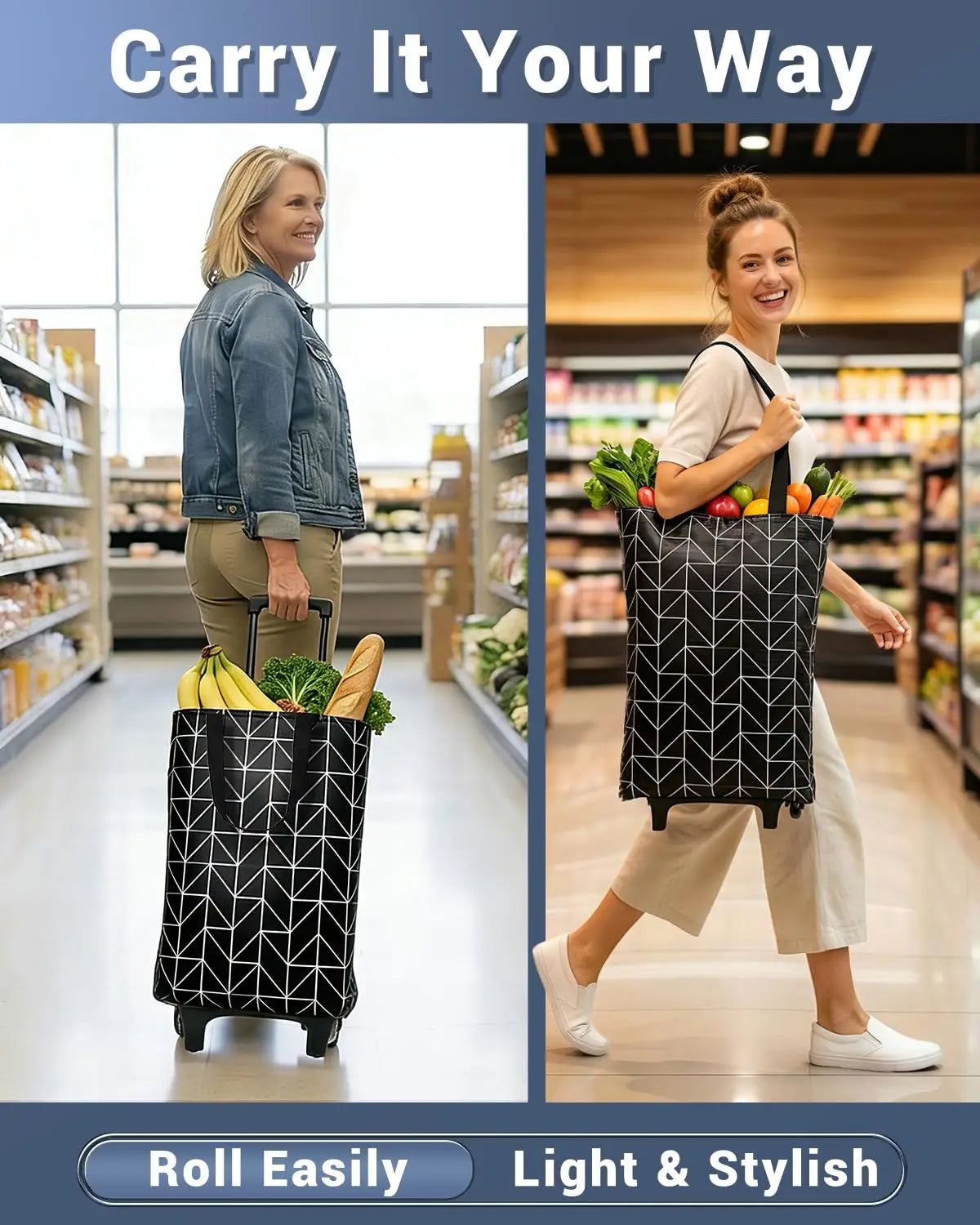 2-in-1 Folding Oxford Shopping Cart with 360° Swivel Wheels