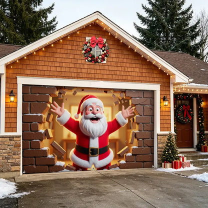 Cartoon Santa Break Through Brick Garage Door Banner Decoration