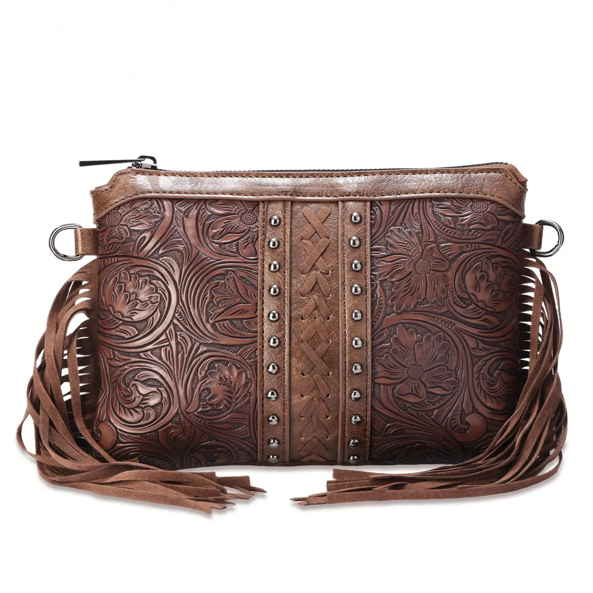 Bohemian PU Crossbody Bag with Western Fringe Tassels & Zipper Closure