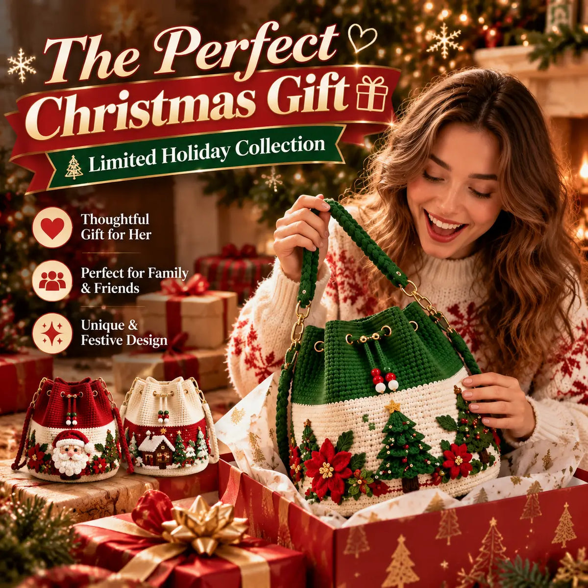 🎄3D Crochet Christmas Bucket Bag✨Festive Crossbody Purse with Detachable Strap