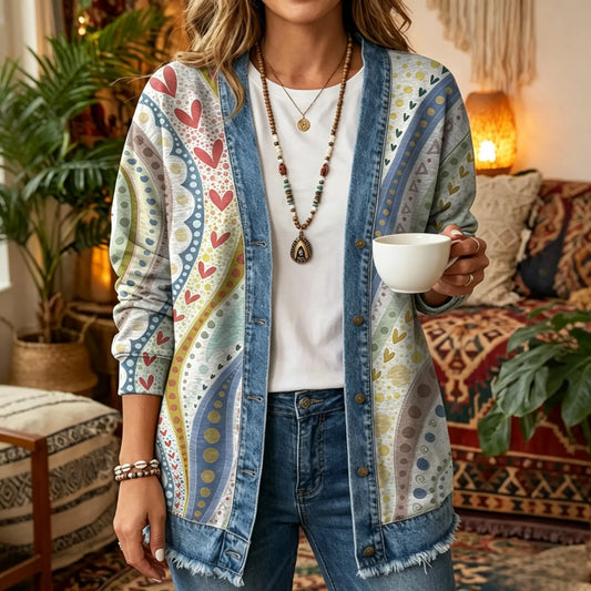 Boho Rainbow Heart Print 3D Digital Printing Denim Shirt