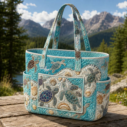Ocean Turtle & Seashell Multiple Pockets Quilted Tote Bag