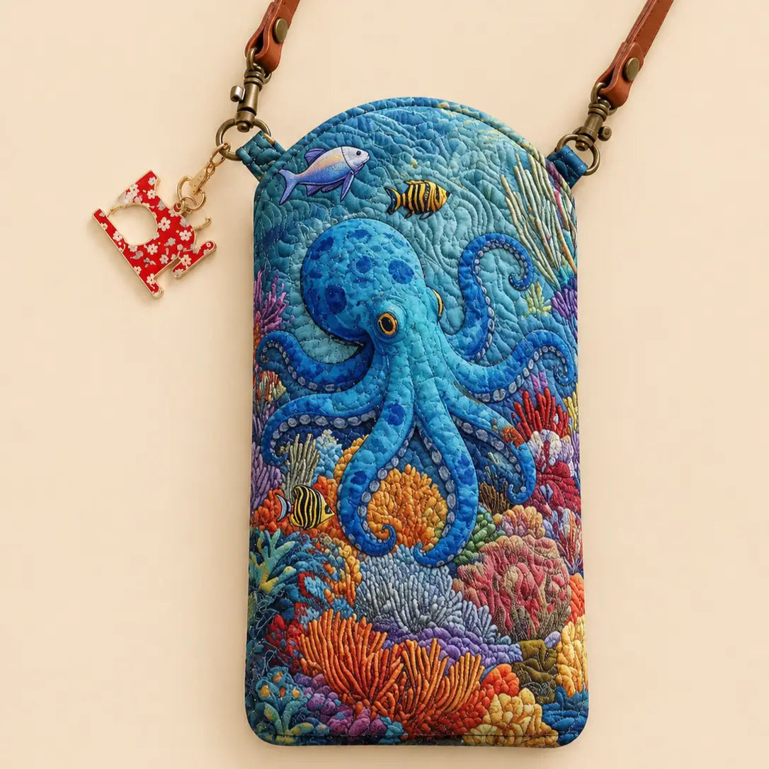 Blue Octopus Quilted Slim Phone Crossbody Bag