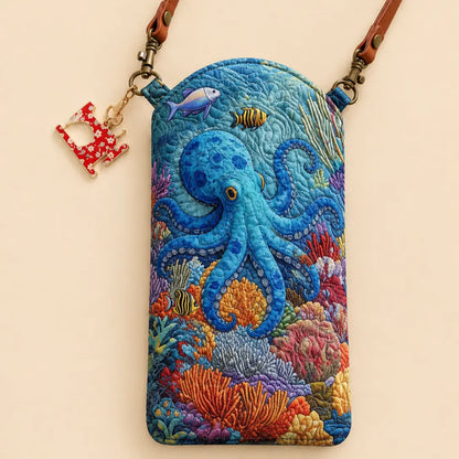 Blue Octopus Quilted Slim Phone Crossbody Bag