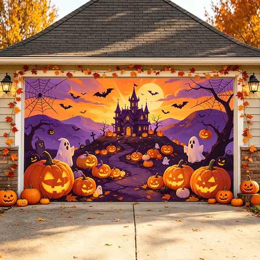 Cute Ghost & Pumpkin Haunted Halloween Garage Door Banner Decoration