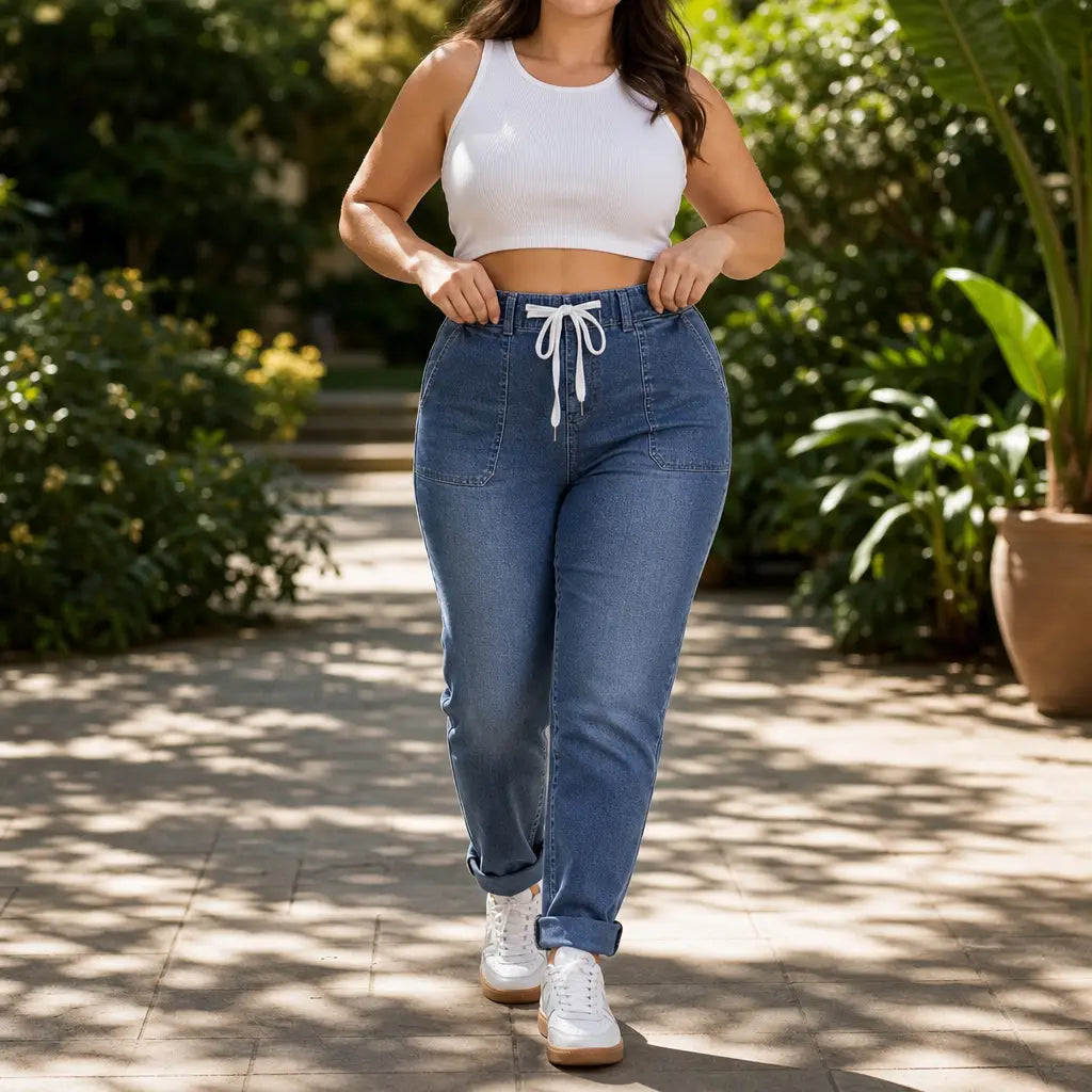 Drawstring Waist Tapered Leg Denim Joggers