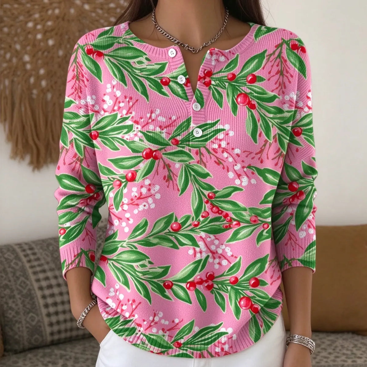 Christmas Retro 3D Digital Print Polo Sweatshirt With Buttons