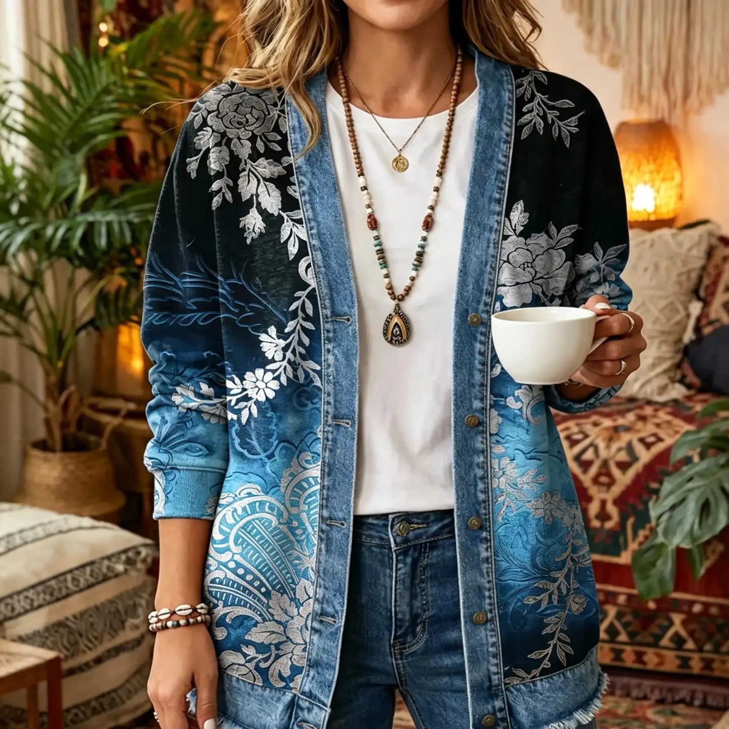 Dark Blue Vintage Floral Paisley 3D Digital Printing Denim Shirt
