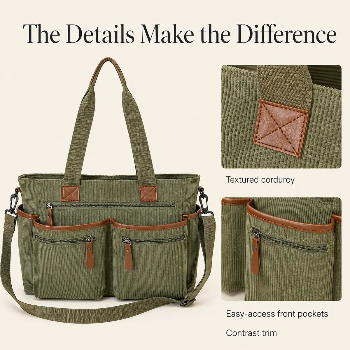 Corduroy Multi-Pocket Convertible Tote Bag
