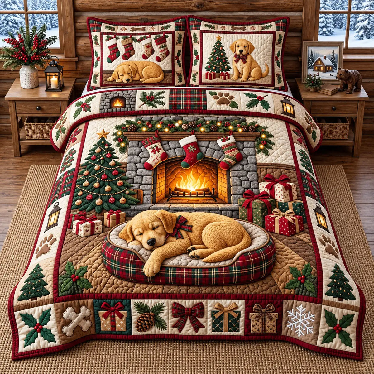 Sleeping Golden Puppy Quilted Bedding Set
