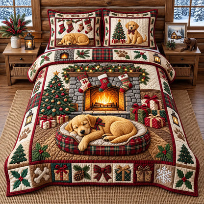 Sleeping Golden Puppy Quilted Bedding Set