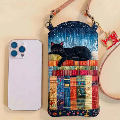 Black Cat And Books Quilted Slim Phone Crossbody Bag