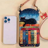 Black Cat And Books Quilted Slim Phone Crossbody Bag
