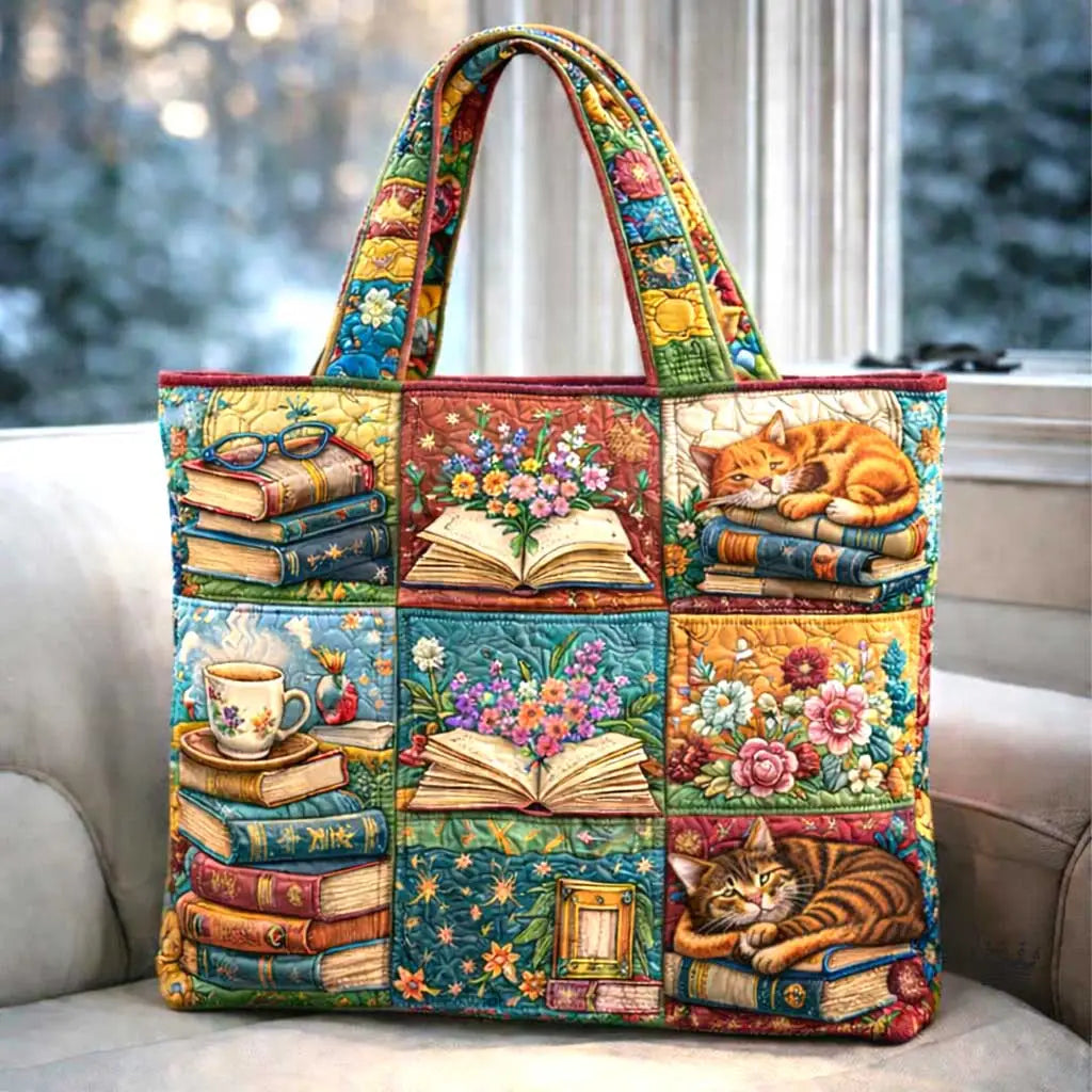 Wildflower Cats and  Books Handmade Tote Bag