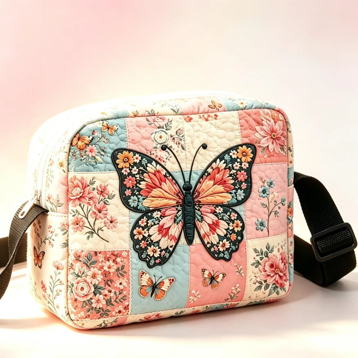 Macaron Patchwork Butterfly Flower Quilted Crossbody Bag