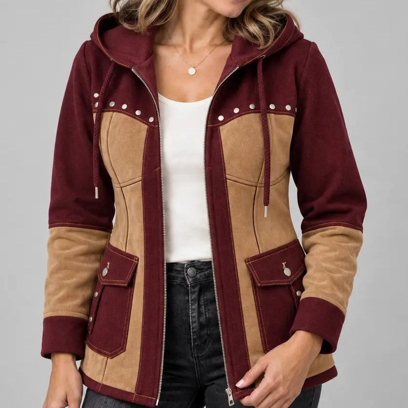 Women's Denim Jackets Long Hooded Patchwork Zip Up Jacket