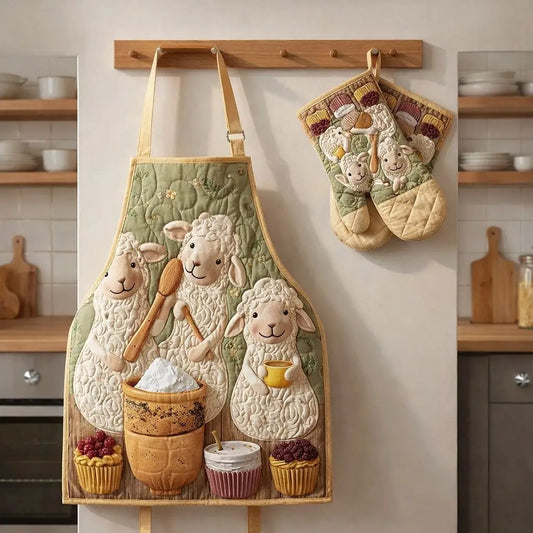 Baking Sheep Cupcake Quilted Apron Set (2-Piece) – Padded Apron + Heat-Resistant Oven Mitts
