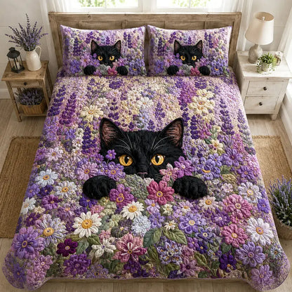 Black Cat & Lavender Floral Quilted Bedding Set