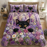 Black Cat & Lavender Floral Quilted Bedding Set