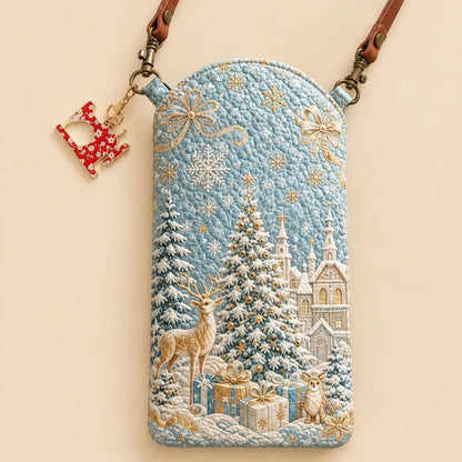 Winter Blue Christmas Scene Quilted Slim Phone Crossbody Bag