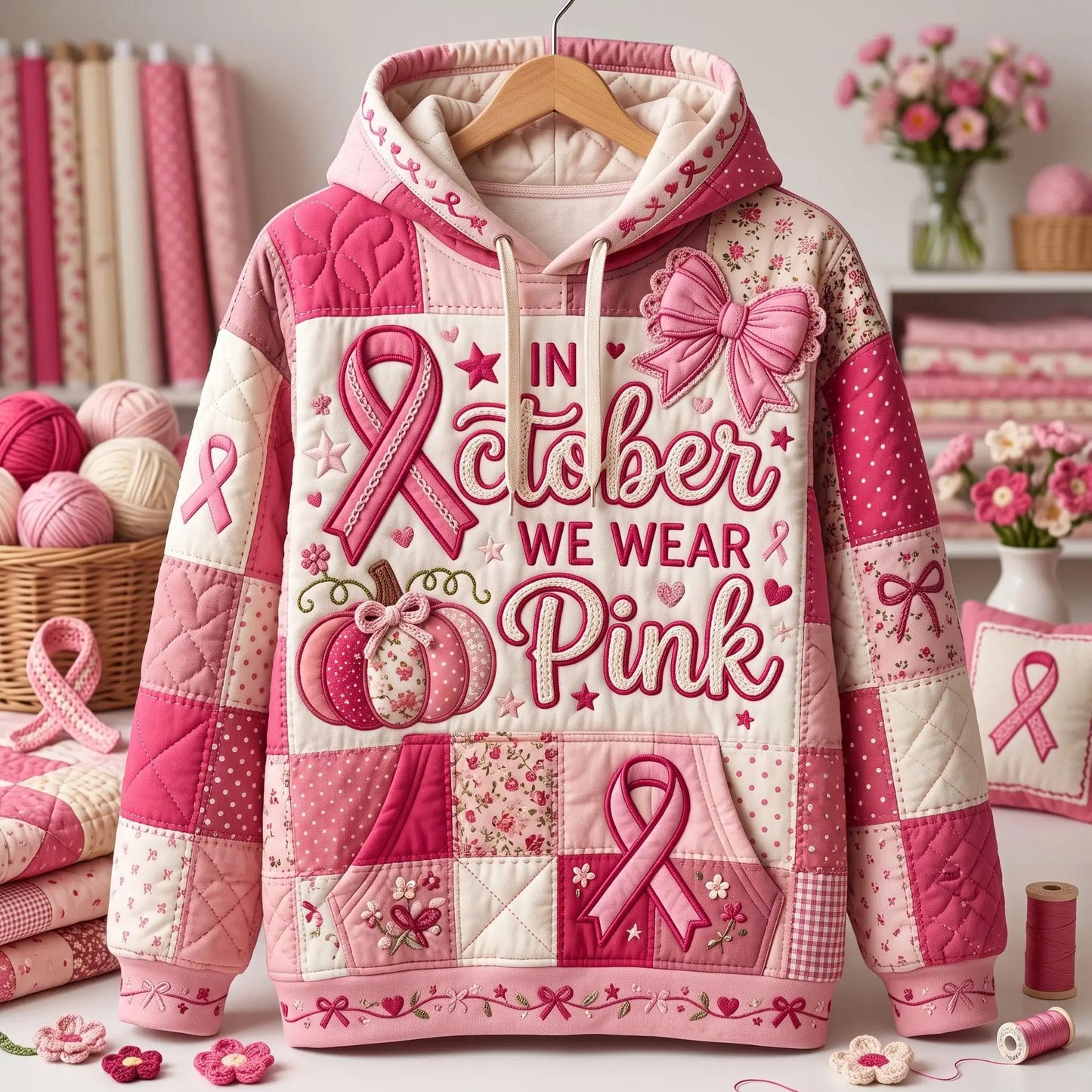 Floral Pumpkin In October We Wear Quilted Casual Hoodie
