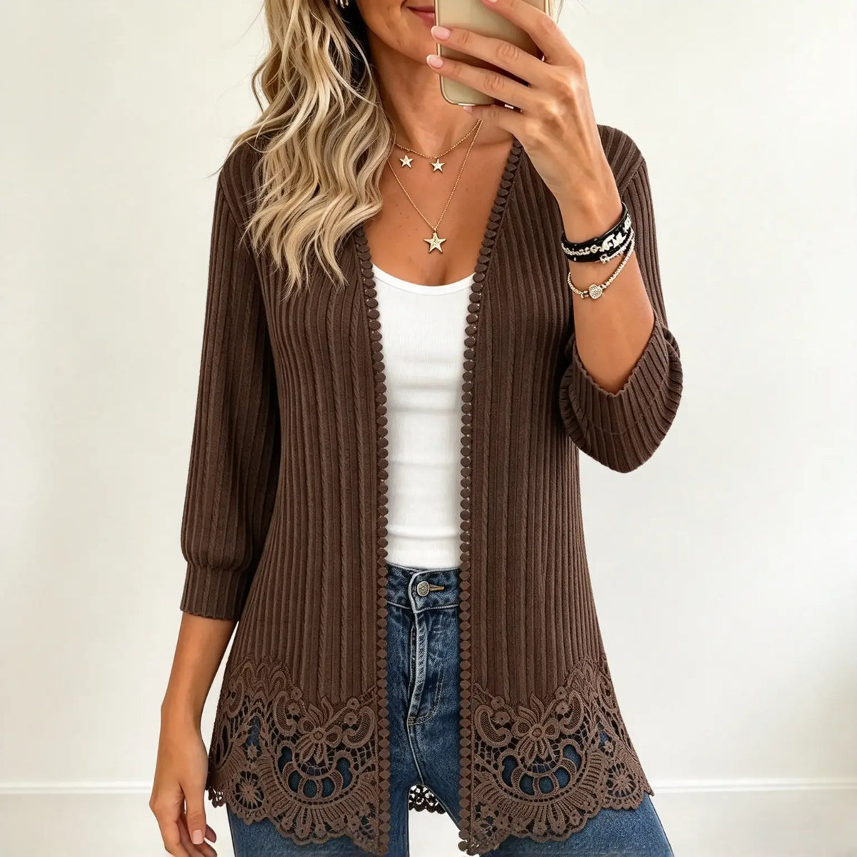 Women's Crochet Lace Trim Open-Front Cardigan