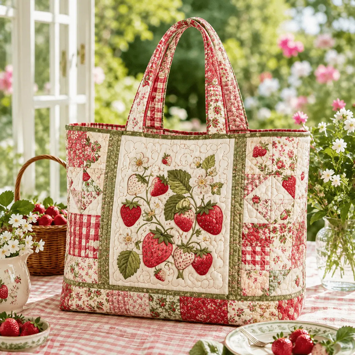 Strawberry Floral Handmade Tote Bag