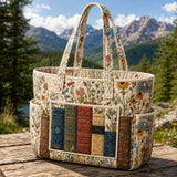 Wildflower Vintage Book Multiple Pockets Quilted Tote Bag