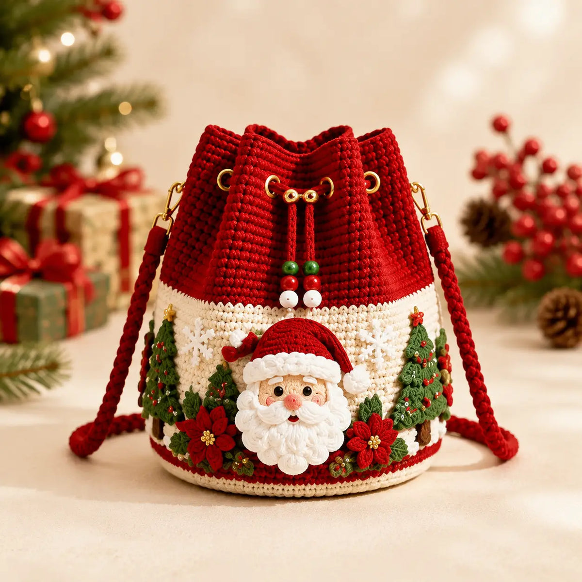 🎄3D Crochet Christmas Bucket Bag✨Festive Crossbody Purse with Detachable Strap