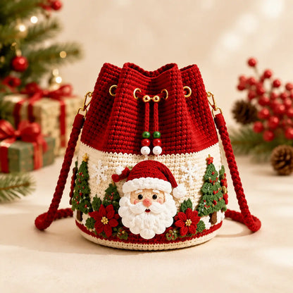 🎄3D Crochet Christmas Bucket Bag✨Festive Crossbody Purse with Detachable Strap