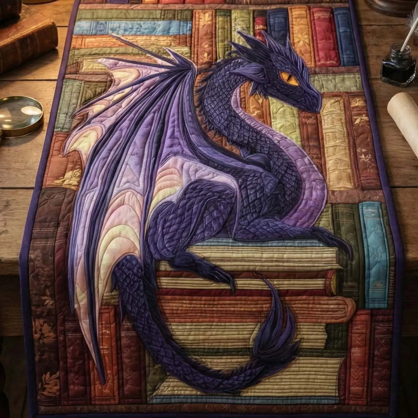 Mysterious Dragons And Books Quilted Table Runner