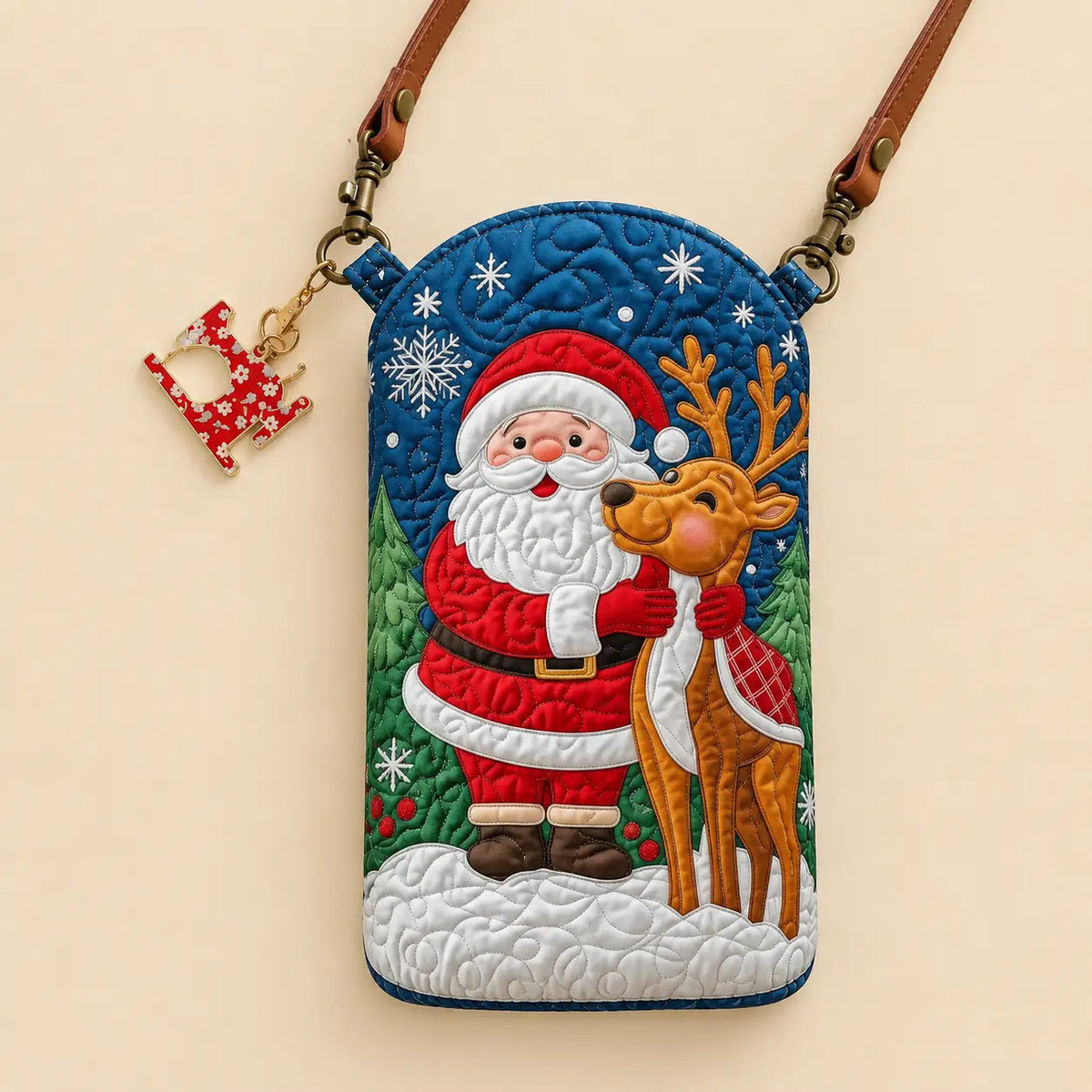Santa and Reindeer Snowy Christmas Quilted Slim Phone Crossbody Bag