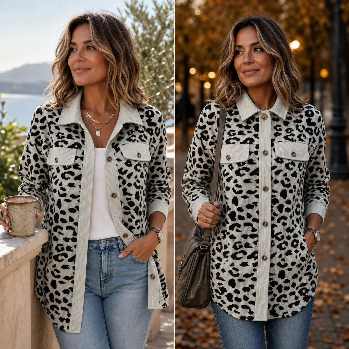 Contrast Rib Collar Leopard Print Corduroy Long Sleeve Shirt Jacket