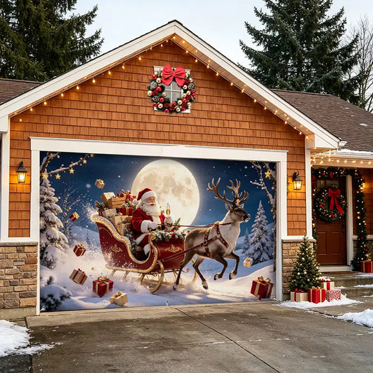 Santa Reindeer Sleigh Garage Door Banner Decoration