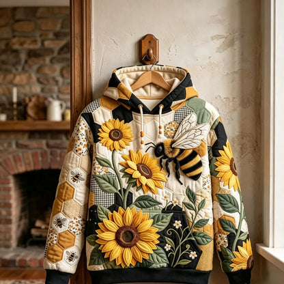 Sunflower Bee Quilted Casual Regular Fit Long Sleeve Hoodie Sweatshirt