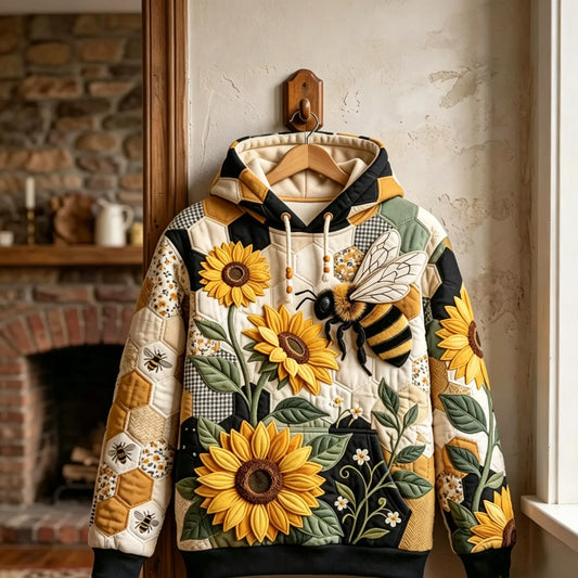Sunflower Bee Quilted Casual Regular Fit Long Sleeve Hoodie Sweatshirt