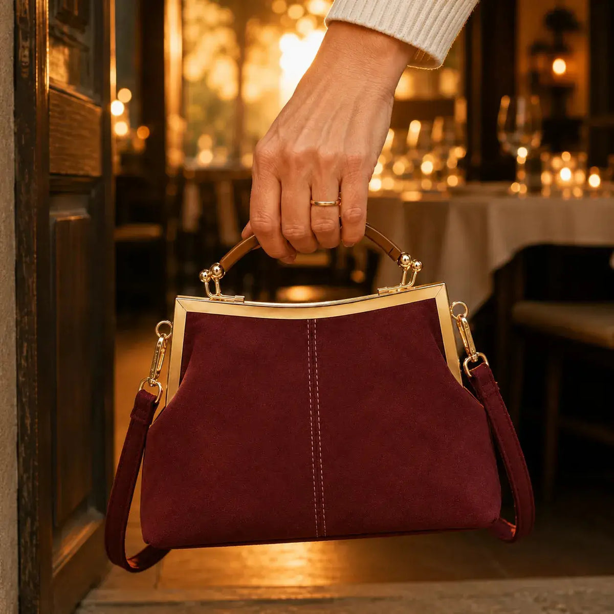 Women's Suede Structured Top Frame Crossbody Bag