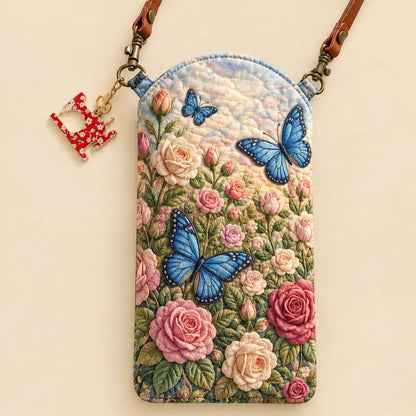 Rose Blue Butterfly Quilted Slim Phone Crossbody Bag