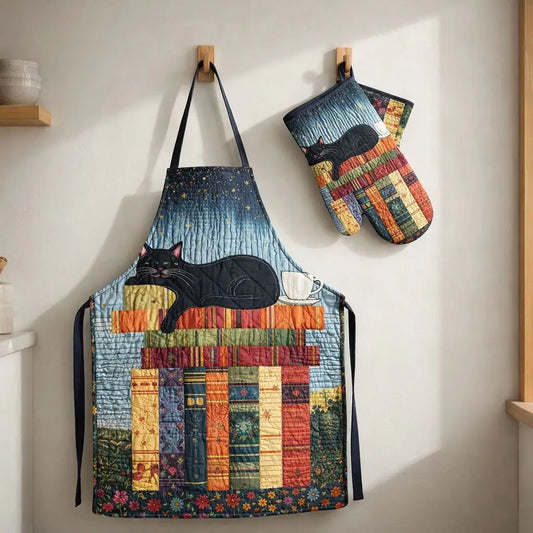 Black Cat On Books Quilted Apron Set (2-Piece) – Padded Apron + Heat-Resistant Oven Mitts