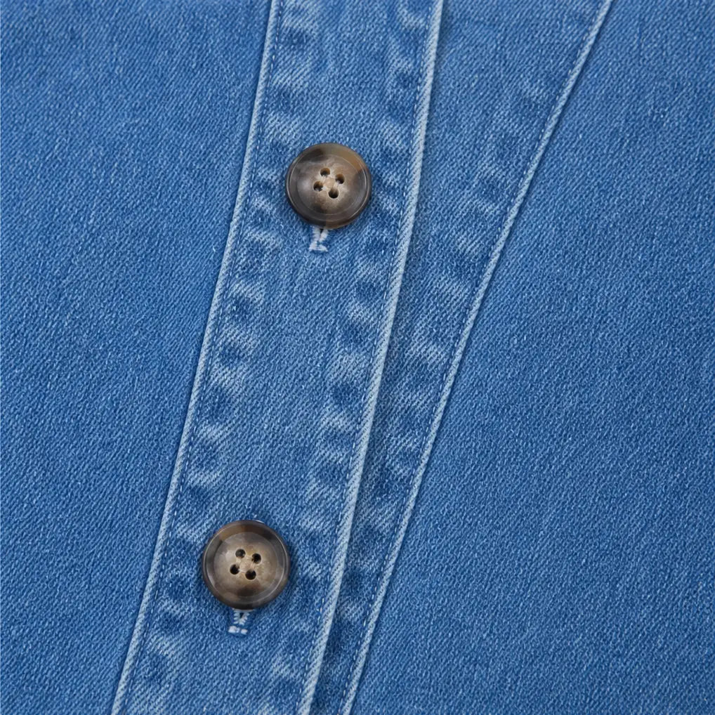 Collarless Soft-Denim-Look Button-Down Cardigan