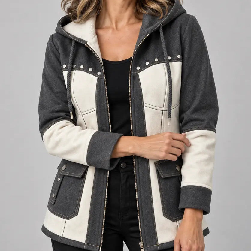Women's Denim Jackets Long Hooded Patchwork Zip Up Jacket