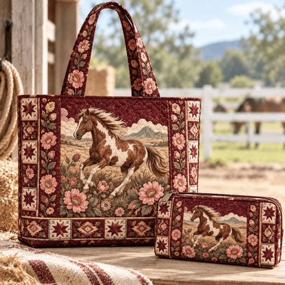 2pcs Western Ranch Running Horses Quilted Tote Bag Set