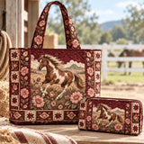 2pcs Western Ranch Running Horses Quilted Tote Bag Set
