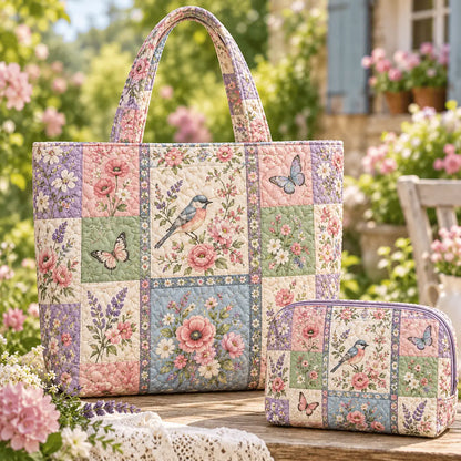 2pcs Bird and Flowers Quilted Tote Bag Set