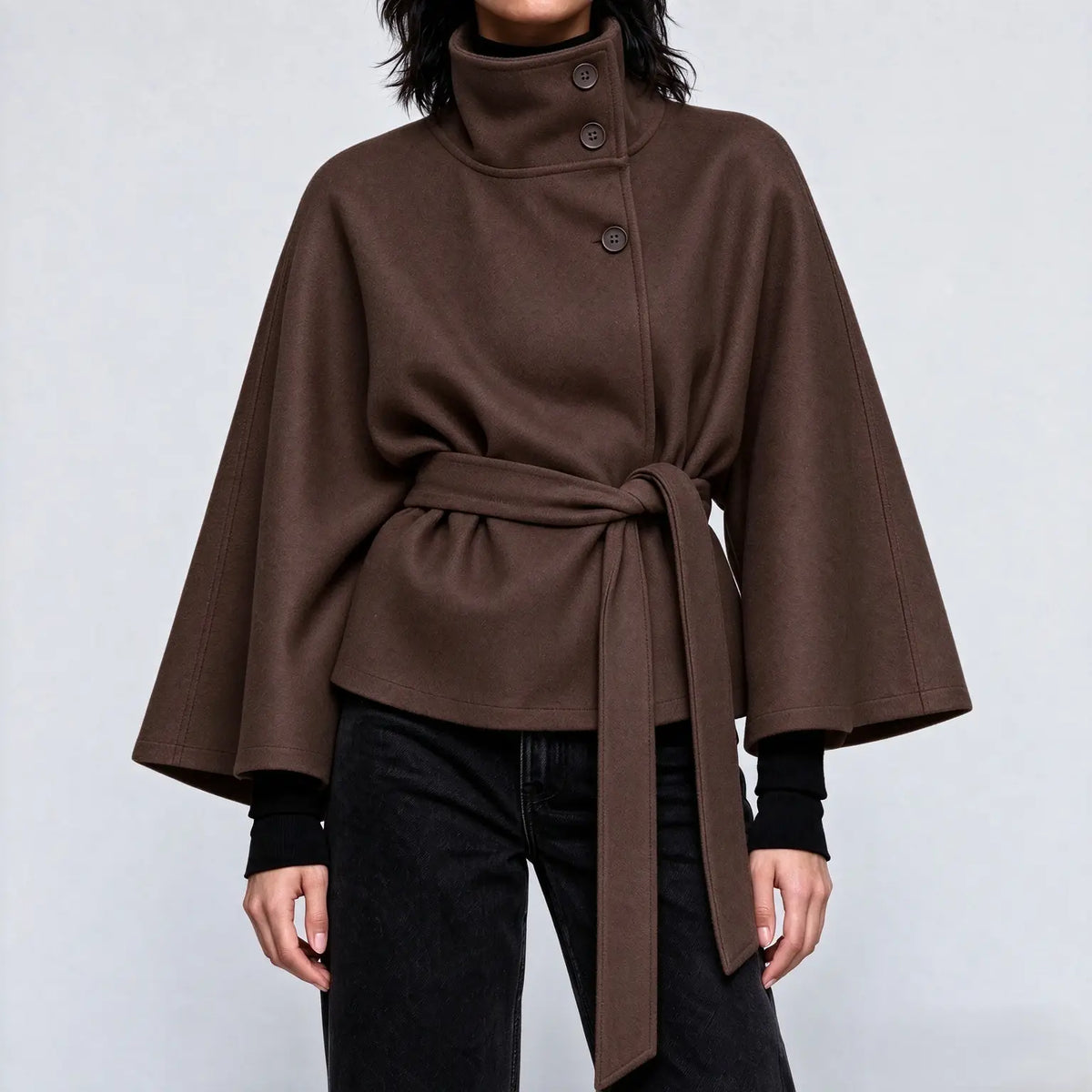 Women's Mandarin Collar Coat with Slanted Button Row