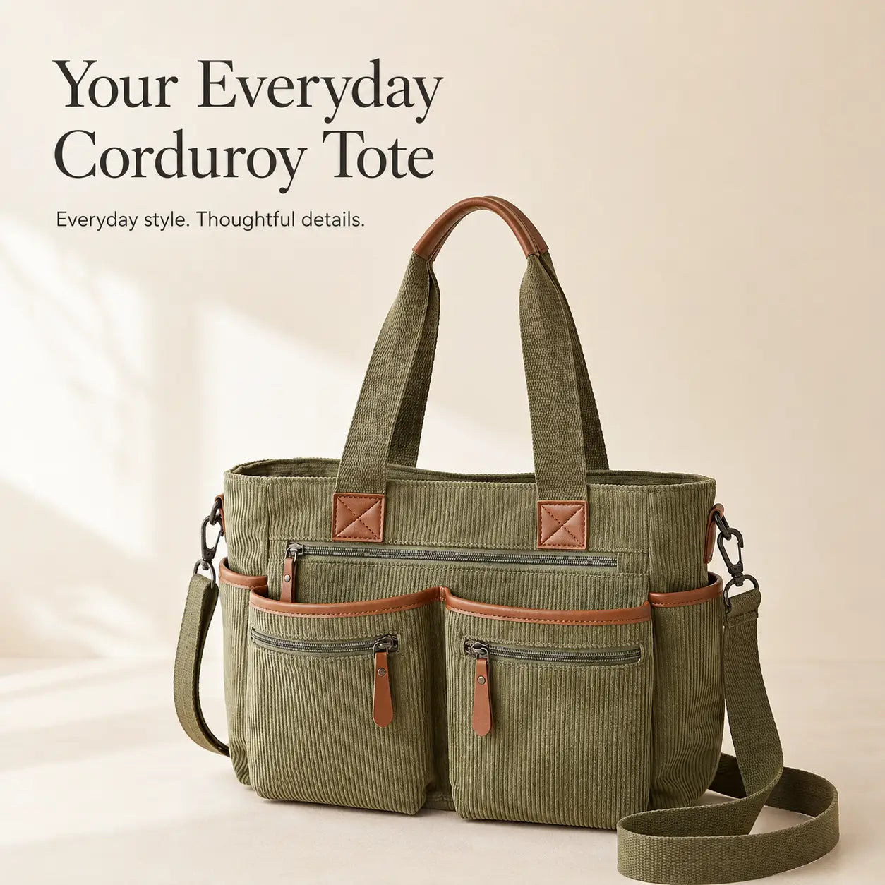 Corduroy Multi-Pocket Convertible Tote Bag