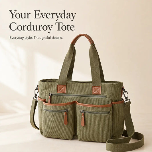Corduroy Multi-Pocket Convertible Tote Bag