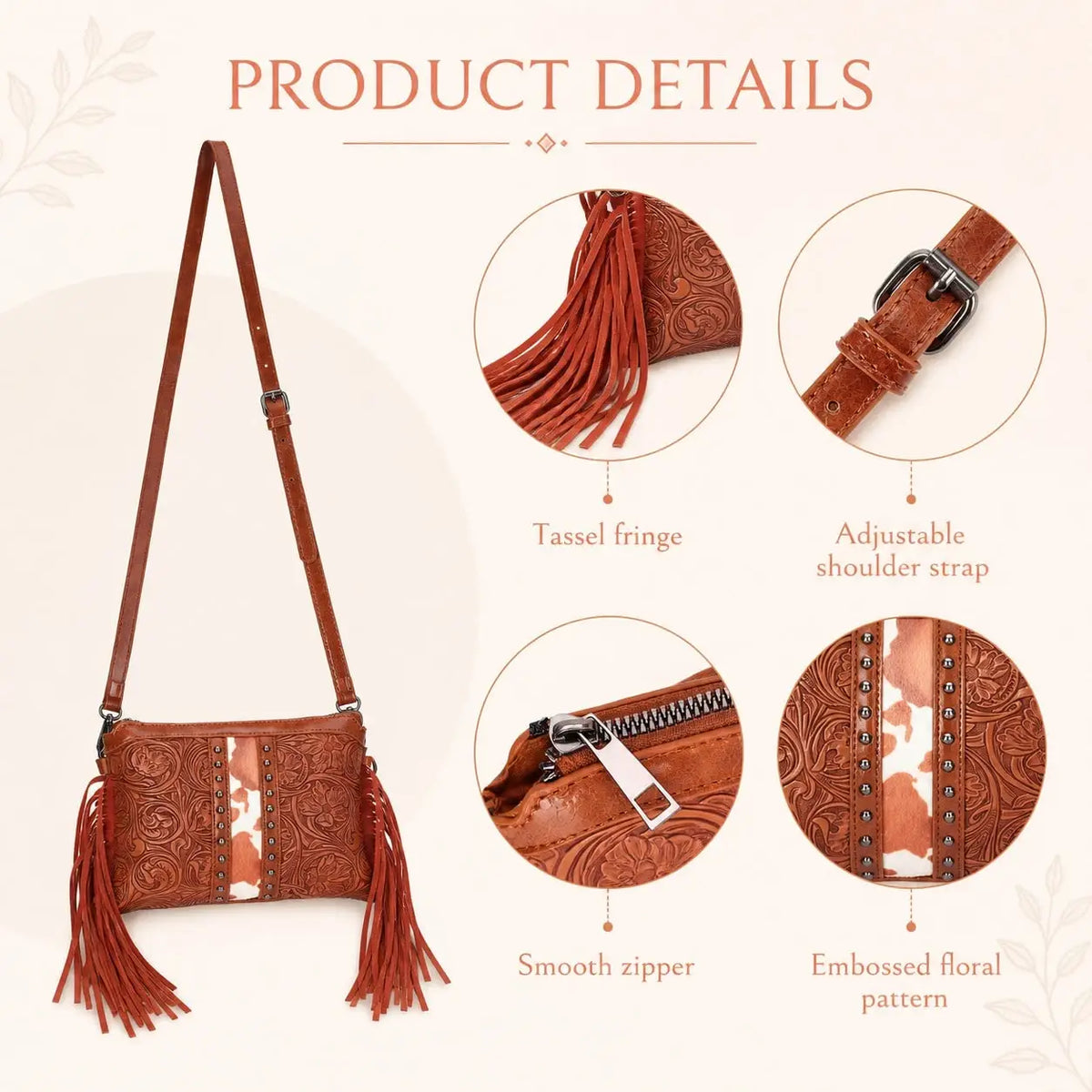 Bohemian PU Crossbody Bag with Western Fringe Tassels & Zipper Closure