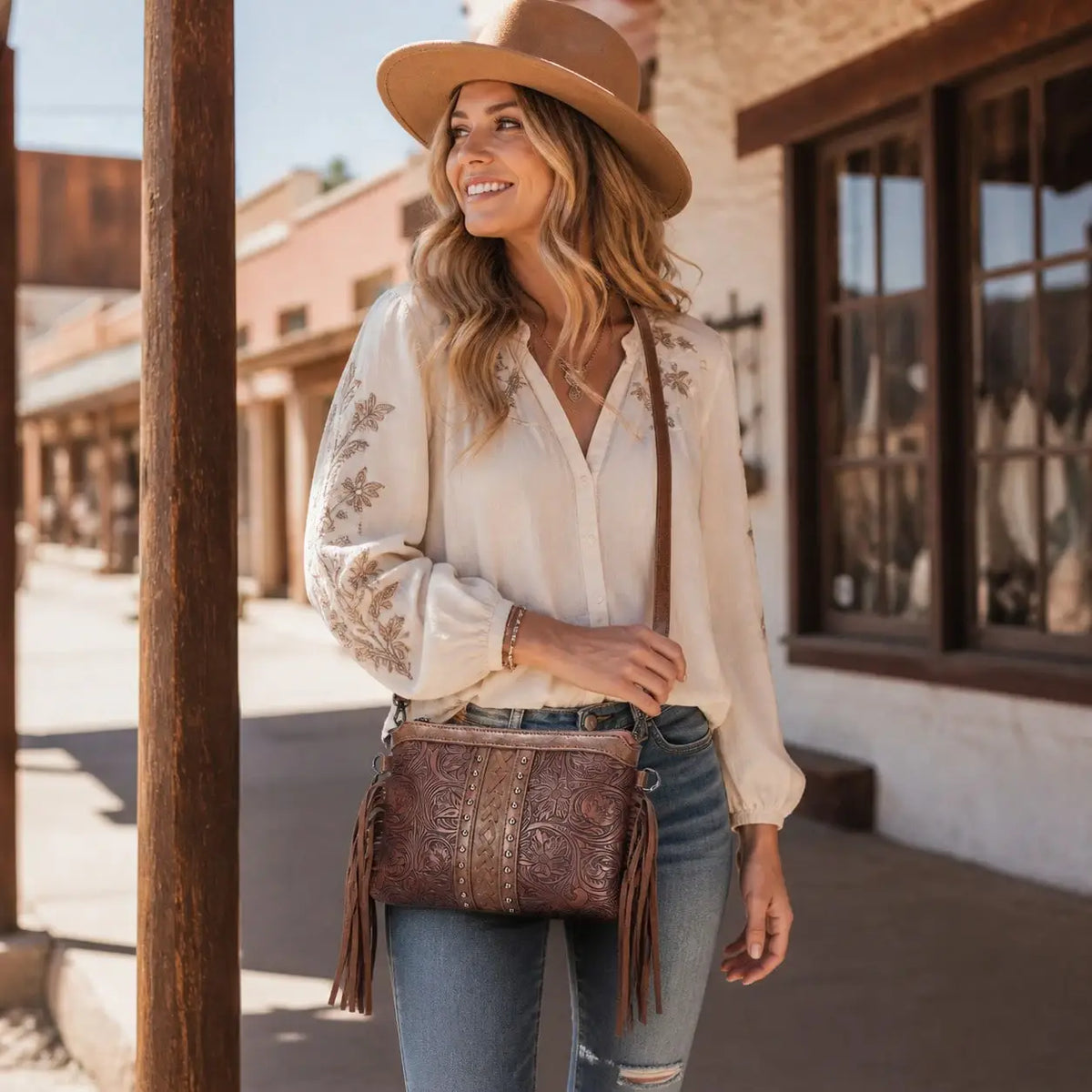 Bohemian PU Crossbody Bag with Western Fringe Tassels & Zipper Closure