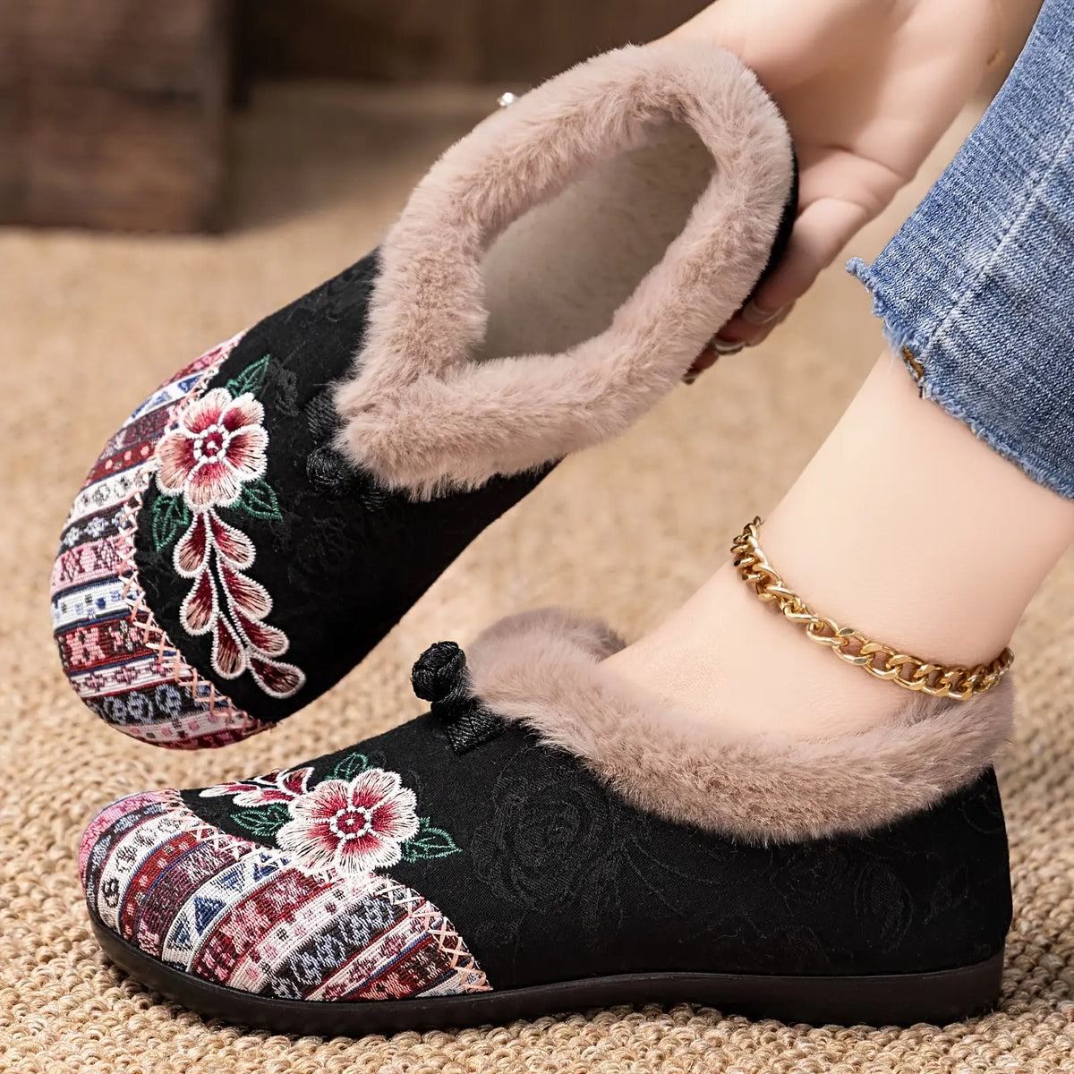 Women’s Winter Ankle Floral Embroidered Shoes